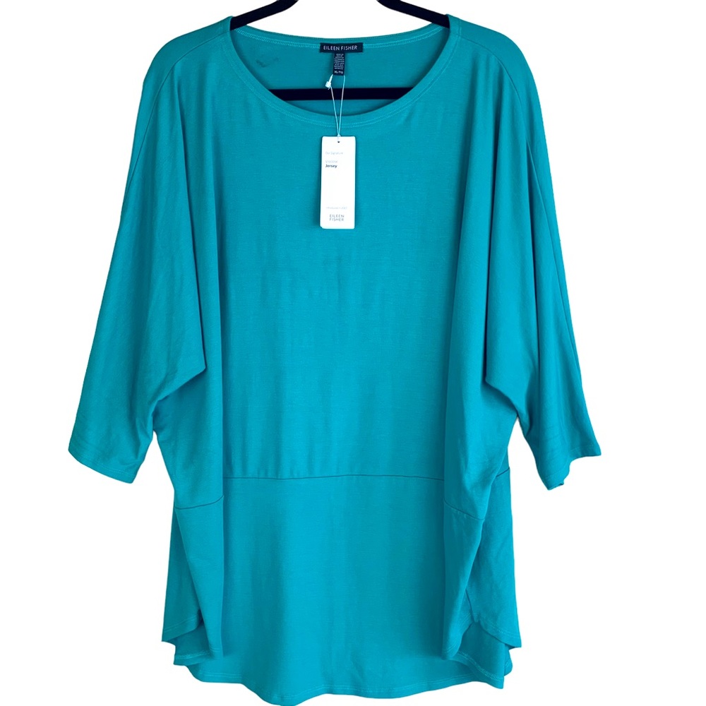 Eileen Fisher Bateau Top Viscose Signature Jersey Turquoise Stretch Tunic New XL